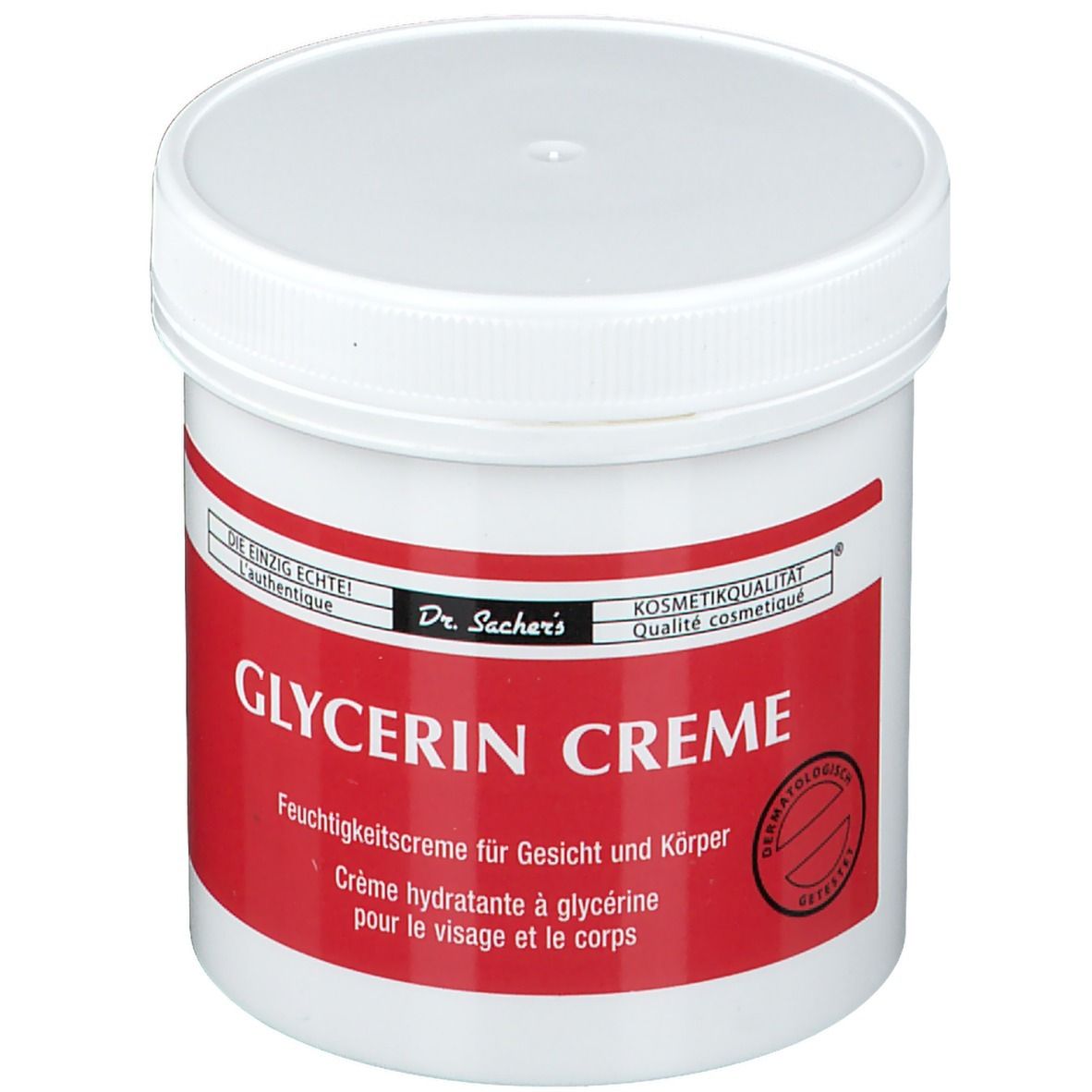 Pot blanc avec étiquette rouge. Inscription: Glycerin Creme, Dr. Sachers. Testé dermatologiquement.