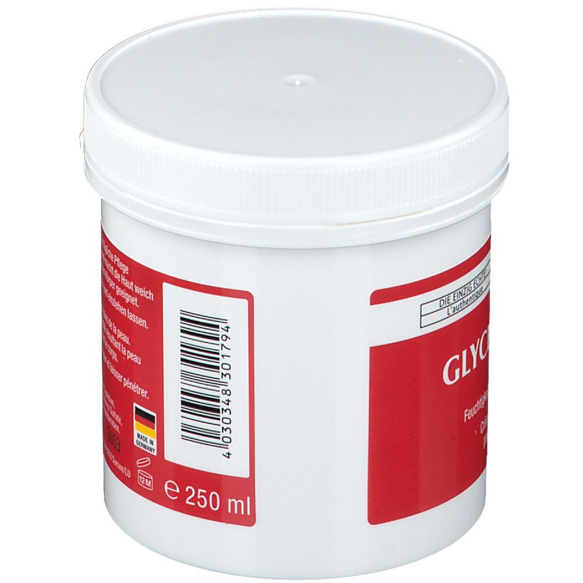 Pot blanc avec étiquette rouge. Inscription: Glycerin Creme. Code-barres. 250 ml. Fabriqué en Allemagne.