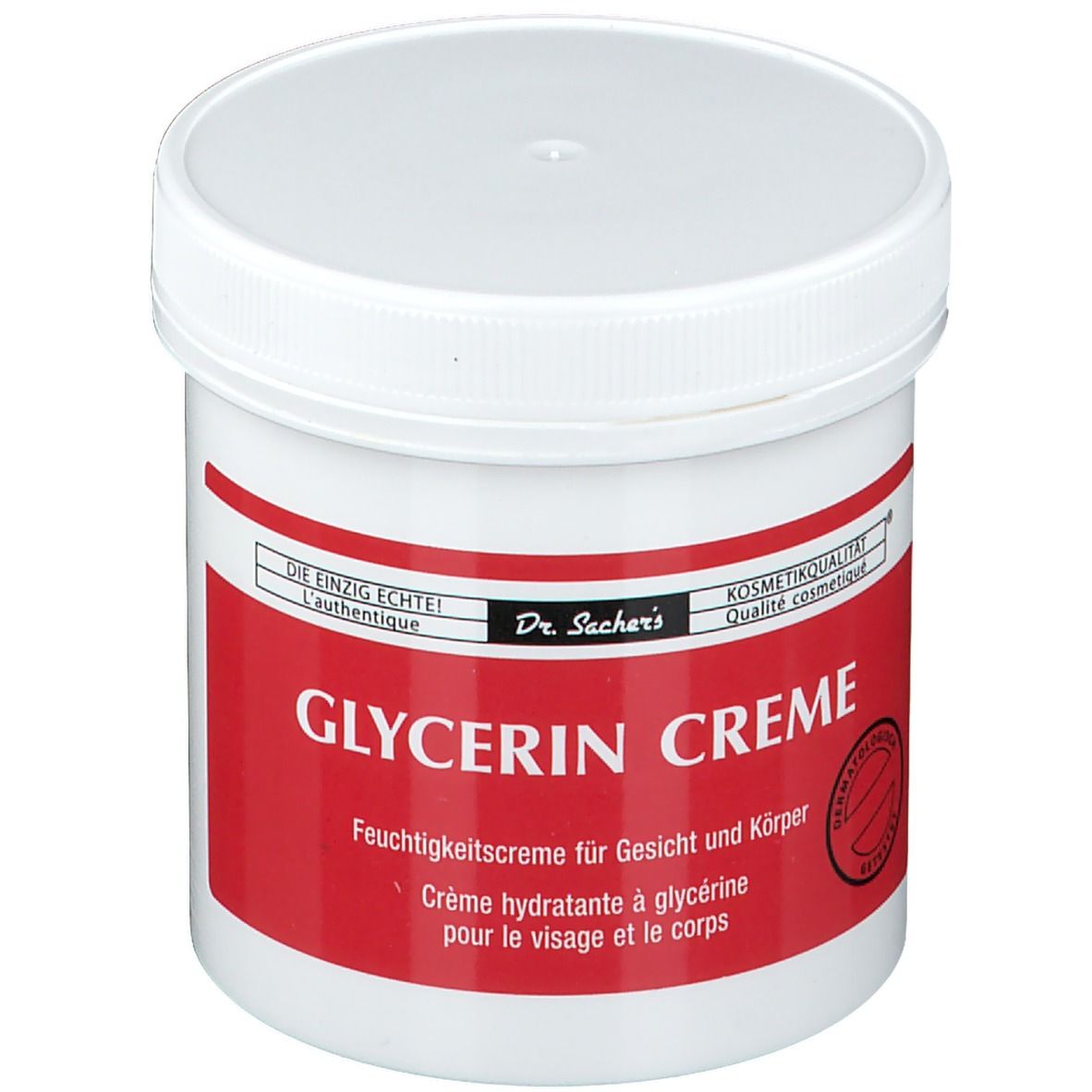 Pot blanc avec étiquette rouge. Inscription: Glycerin Creme, Dr. Sachers. Qualité cosmétique.