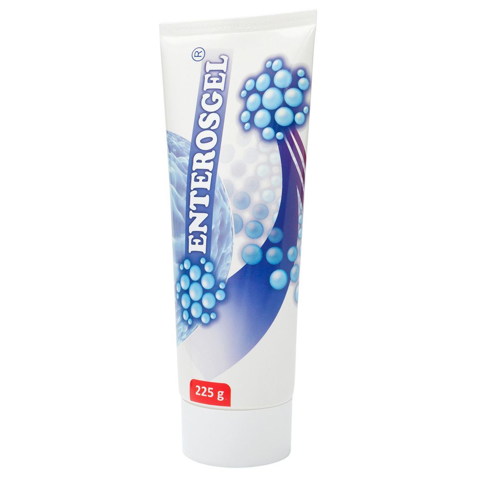 Tube blanche avec logo ENTEROSGEL et éléments graphiques bleus. 225 g. Embout avec bouchon à vis.