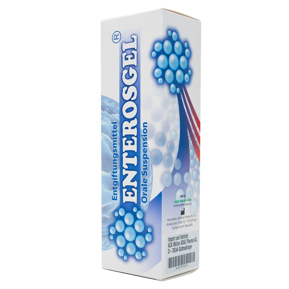 Boîte haute et rectangulaire avec logo ENTEROSGEL et éléments graphiques bleus. Contient une suspension orale.