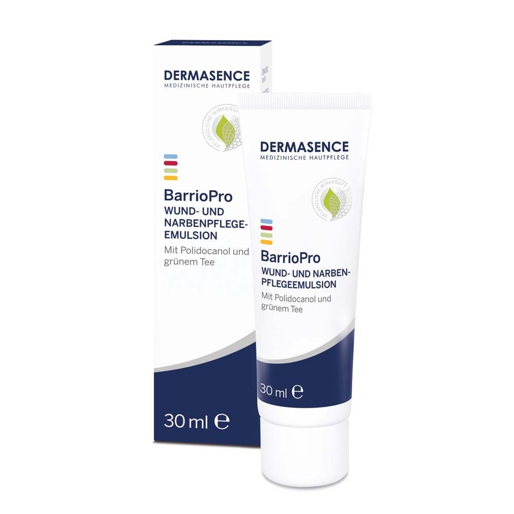 Tube et emballage de DERMASENCE BarrioPro. Crème pour cicatrices. Blanc, bleu et vert. Avec Polidocanol et thé vert.