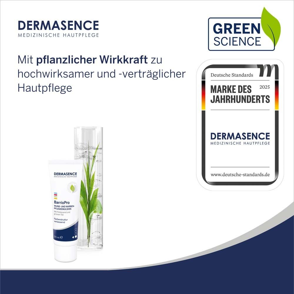 DERMASENCE BarrioPro et certification 'Marque du Siècle'. Produit et feuilles vertes dans un récipient en verre.