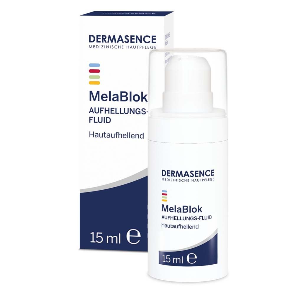 DERMASENCE MelaBlok Fluide éclaircissant, flacon et emballage blancs. 15 ml. Éclaircissant.