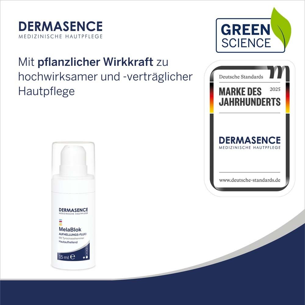 DERMASENCE MelaBlok avec label Green Science et prix 'Marque du Siècle'.