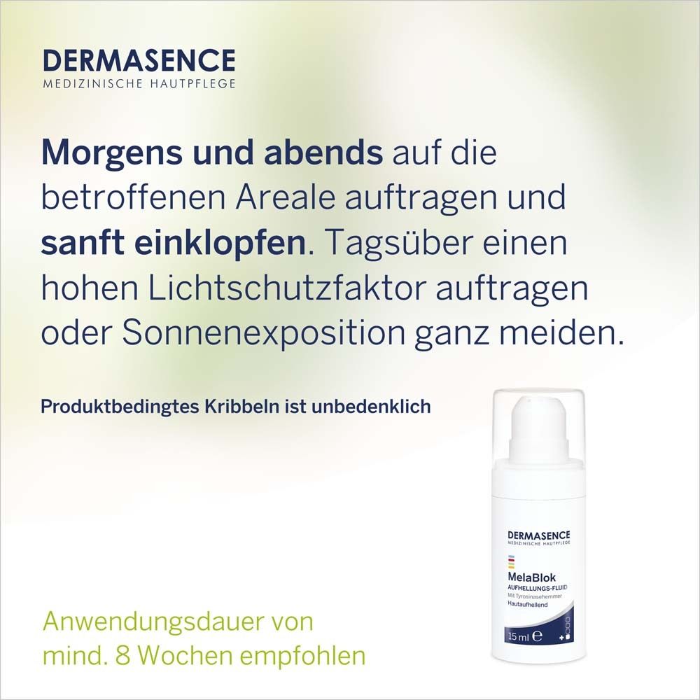Flacon DERMASENCE MelaBlok avec texte. Utilisation: Appliquer matin et soir. 15 ml.