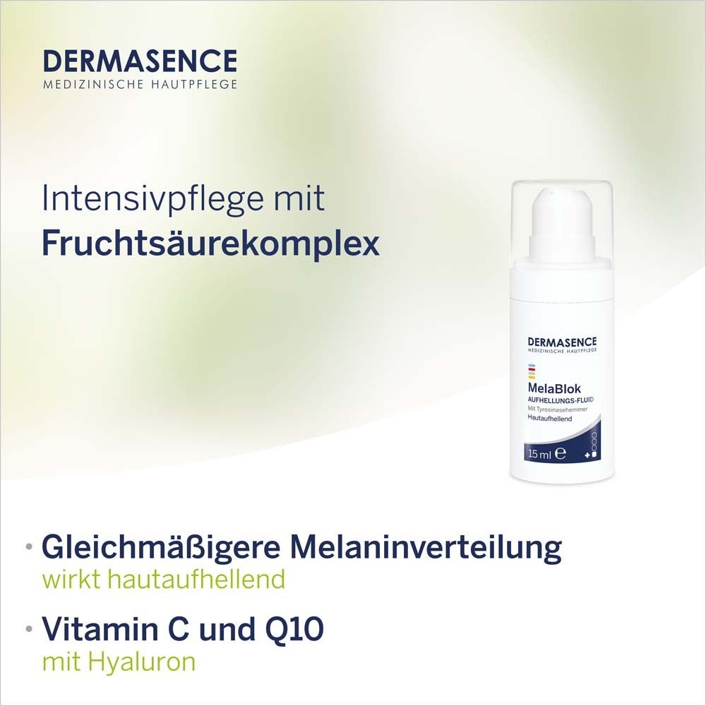 Flacon DERMASENCE MelaBlok avec texte. Soin intensif avec complexe d'acides de fruits. 15 ml.