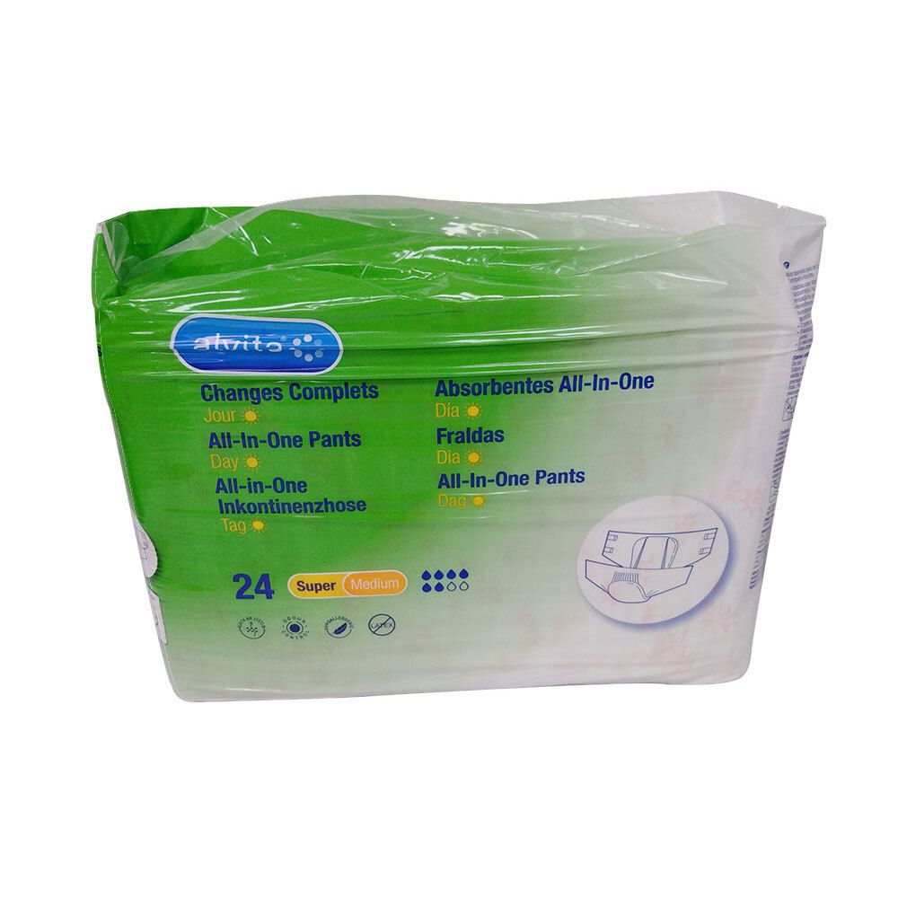 Paquet de couches absorbantes. Inscription: alvita® All-in-One Pants Super Medium. 24 unités. Emballage vert et blanc.