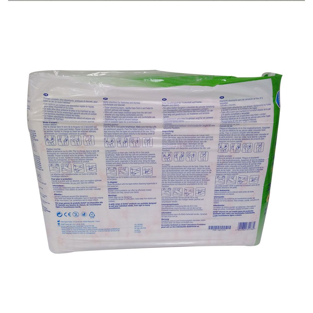 Dos du paquet avec informations et pictogrammes. Texte multilingue. Emballage transparent.