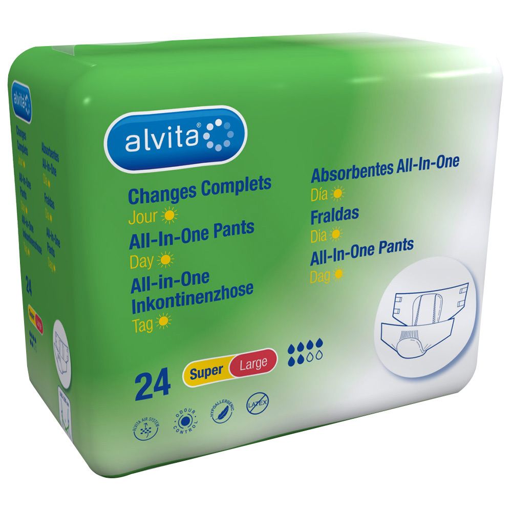 Emballage vert avec logo 'alvita'. Contient 24 couches 'Super Large'. Inscriptions multilingues: 'All-in-One Pants'.
