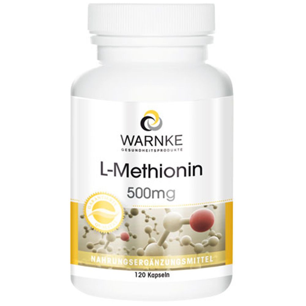 Flacon blanc avec étiquette jaune. Inscription : WARNKE L-Methionine 500mg, 120 capsules. Illustration d'un modèle moléculaire.