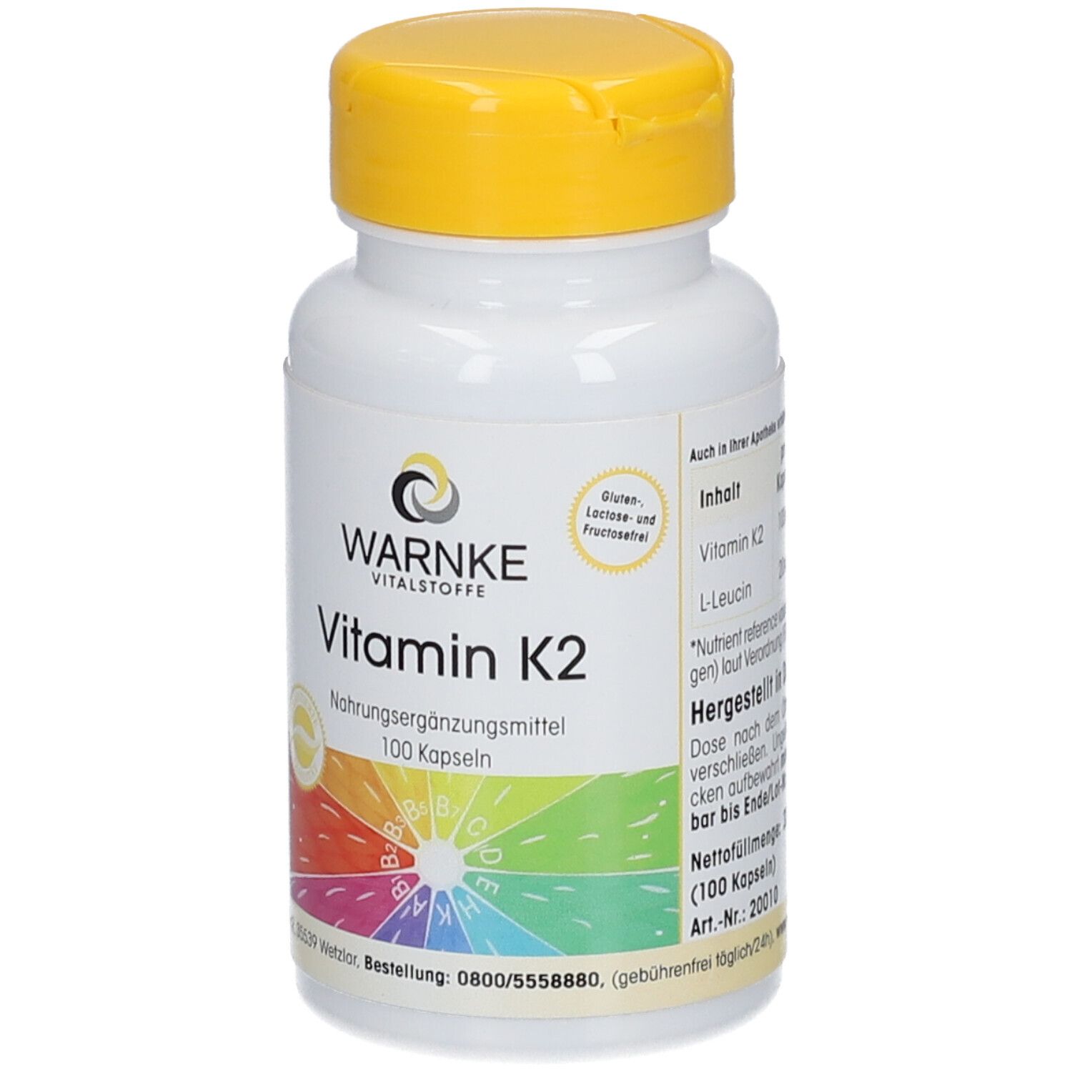Flacon blanc à bouchon jaune. Inscription: WARNKE, Vitamine K2, complément alimentaire, 100 gélules. Texte: Sans gluten, lactose et fructose.