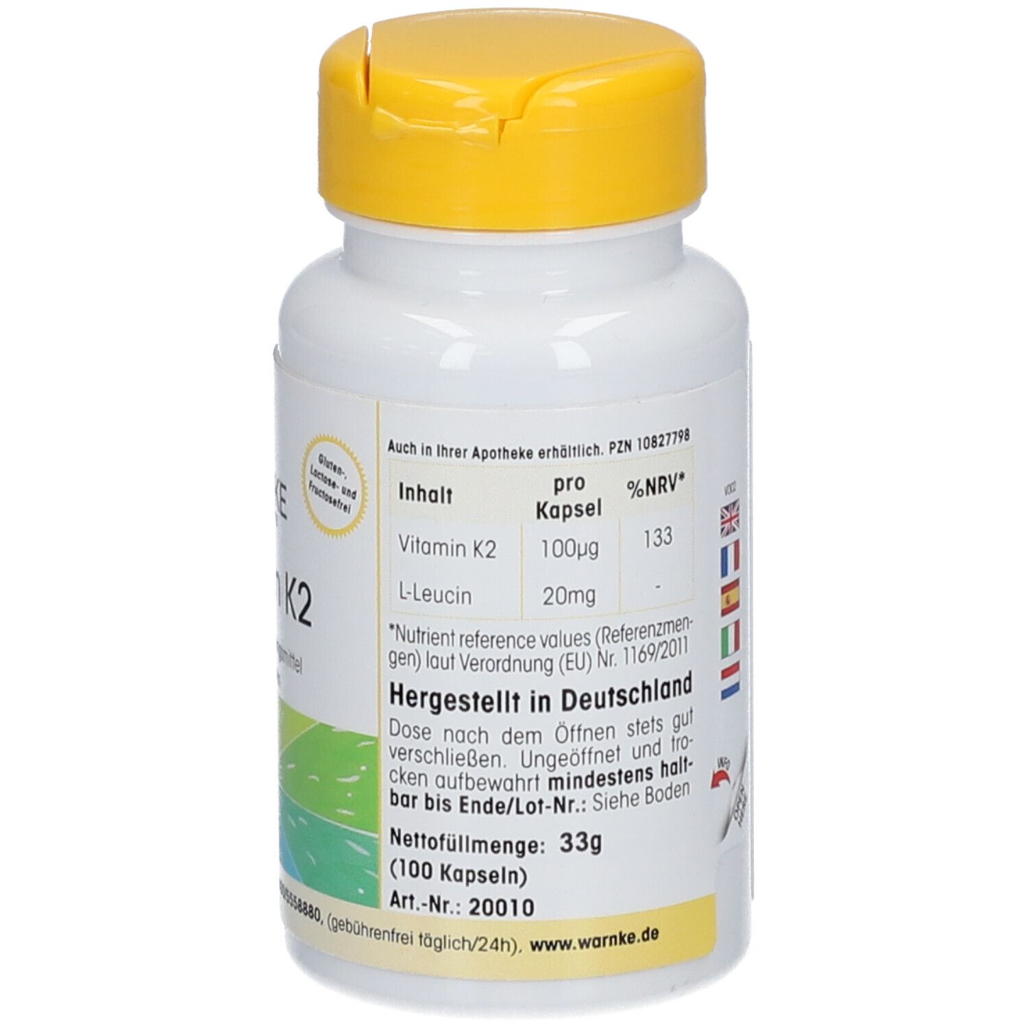 Flacon blanc à bouchon jaune. Inscription: WARNKE, Vitamine K2, 100 gélules. Texte: Ingrédients, valeurs nutritionnelles, fabriqué en Allemagne.