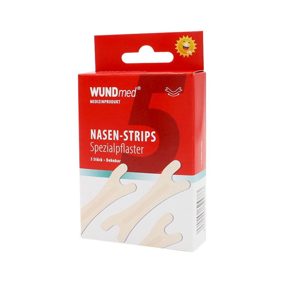 Boîte de Nasen-Strips. Boîte rouge avec nom du produit et 5 patchs nasaux.