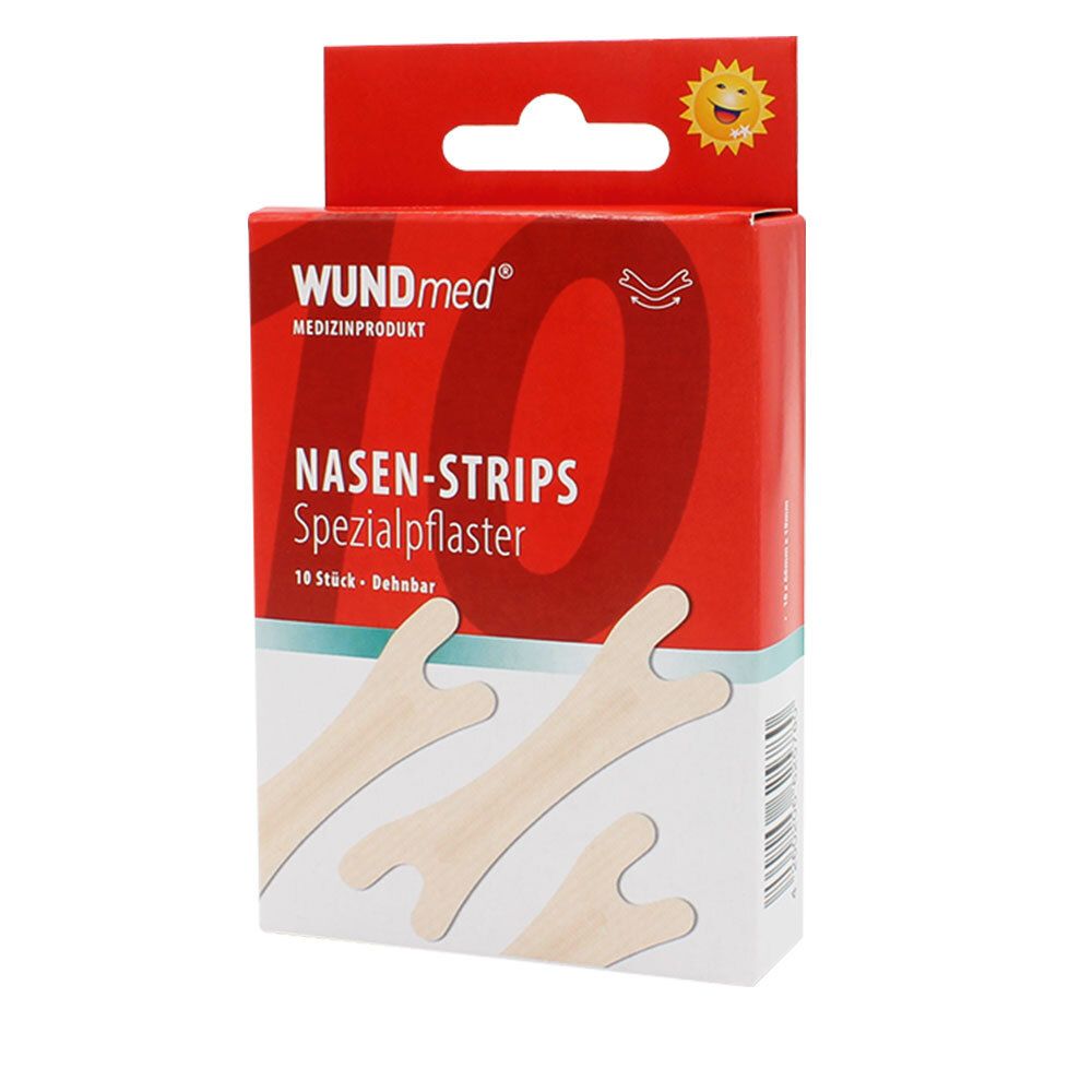 Boîte rouge de WUNDmed Nasen-Strips, 10 unités. Bandes nasales beiges visibles. Texte en allemand.