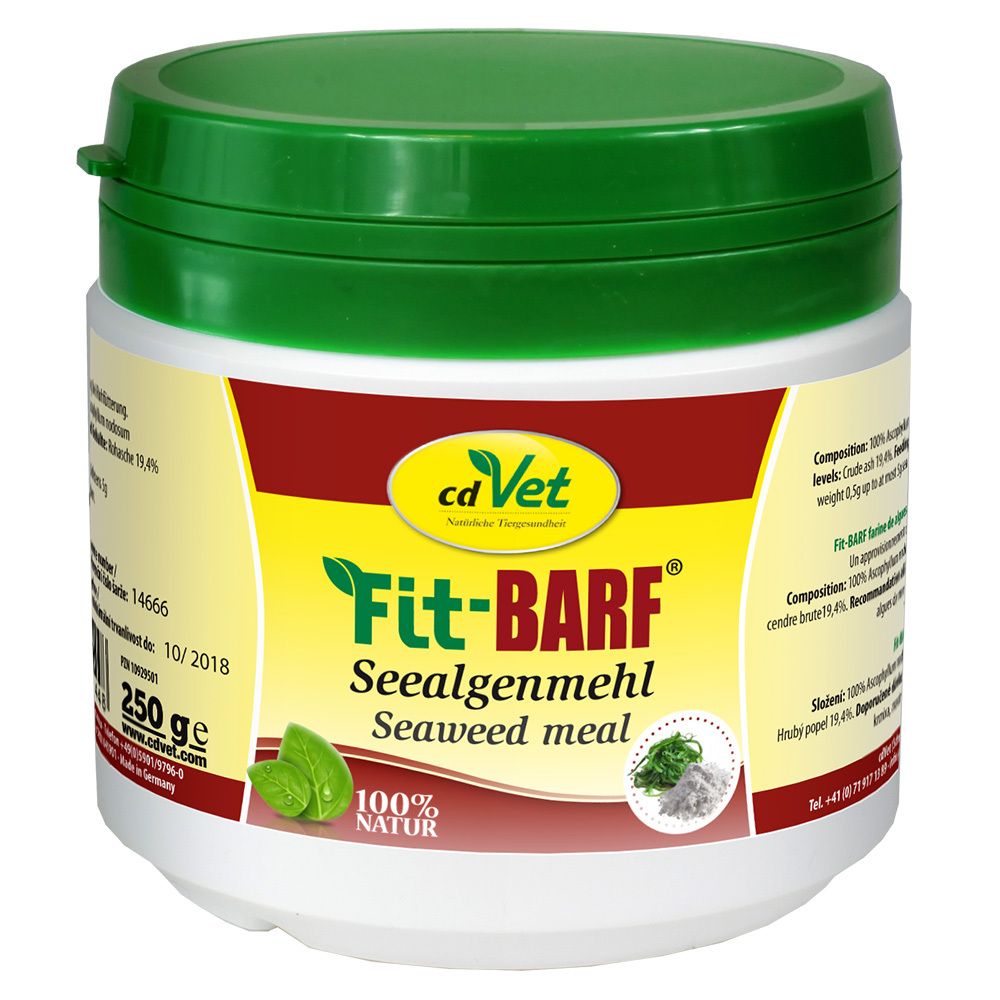 Pot blanc avec couvercle vert. Inscription: cdVet Fit-BARF Seealgenmehl. 250g. Avec image d'algues.