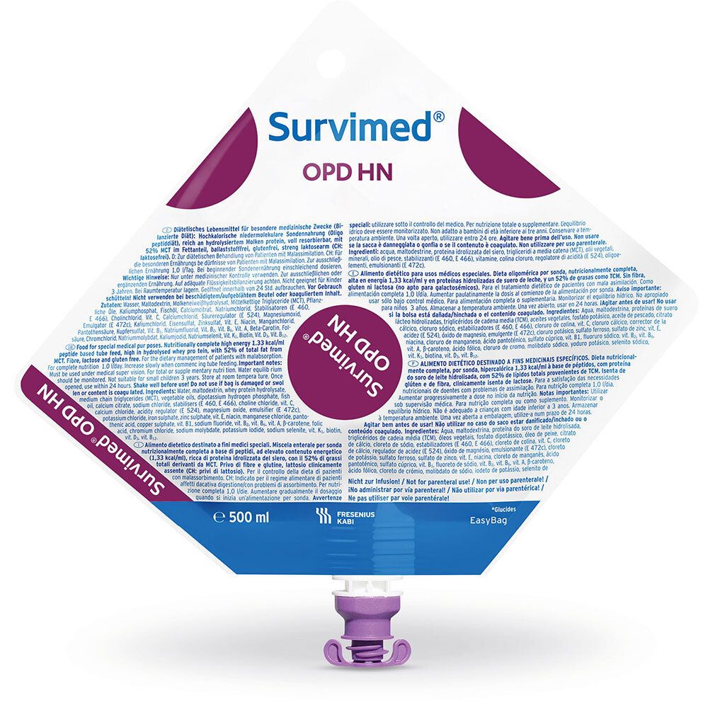 Pochette avec informations produit. Inscription: Survimed OPD HN. Volume: 500 ml. Avec raccord pour l'administration.