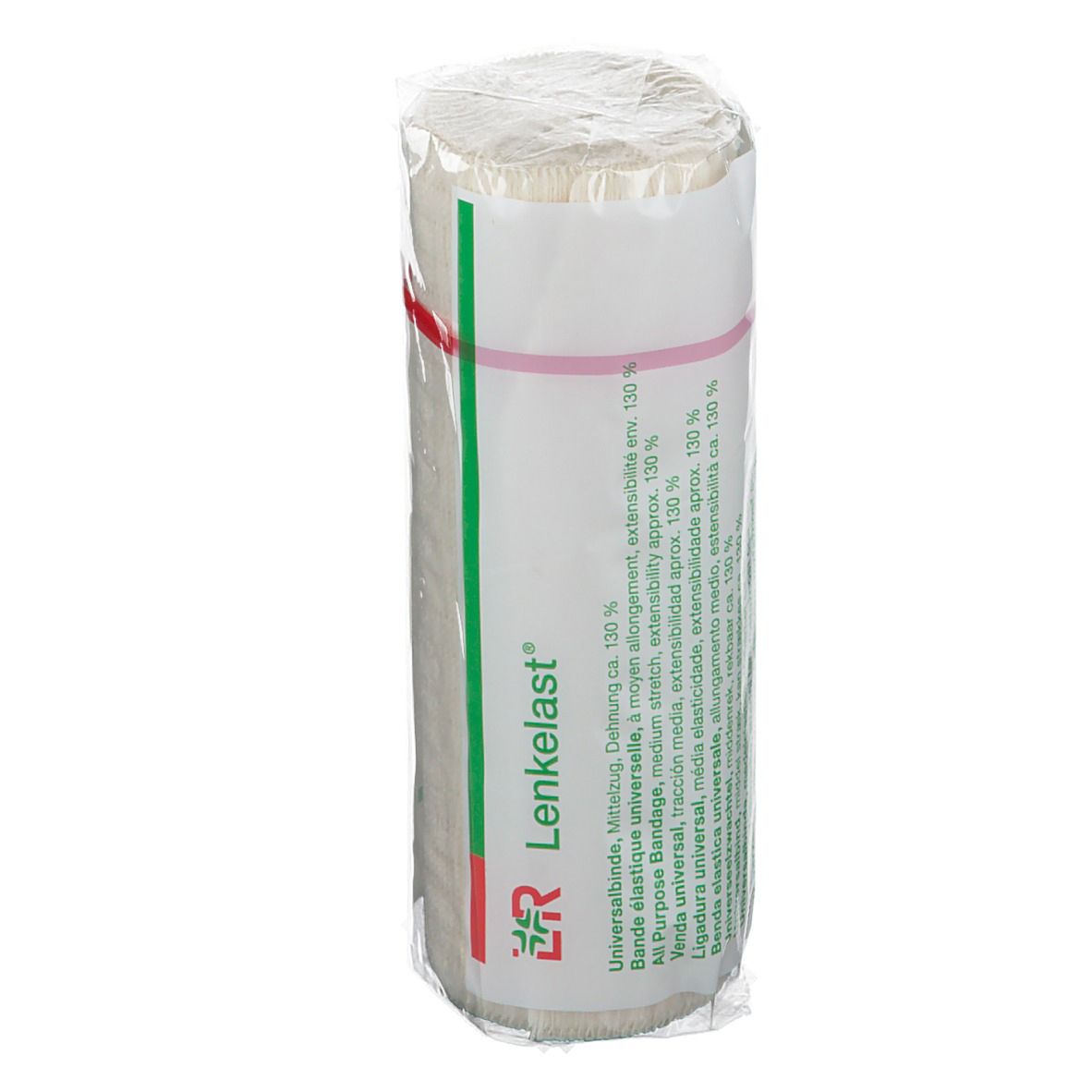 Bande élastique universelle emballée. Avec bande verte et rouge et nom Lenkelast®. Inscriptions.