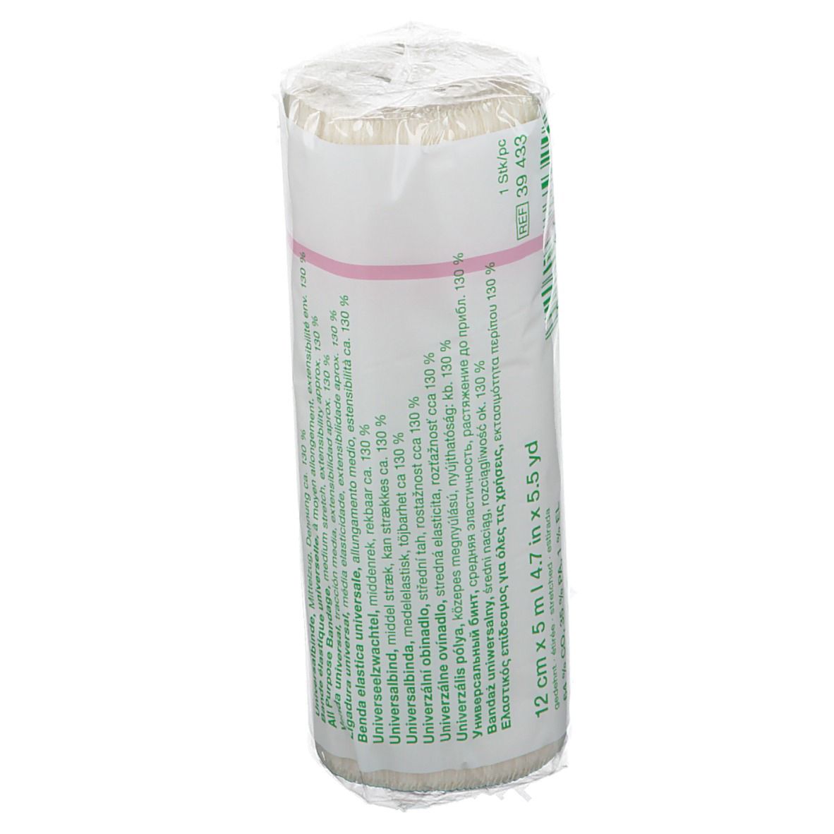 Bande universelle élastique, 12 cm x 5 m, emballée. Inscriptions avec informations et dimensions.