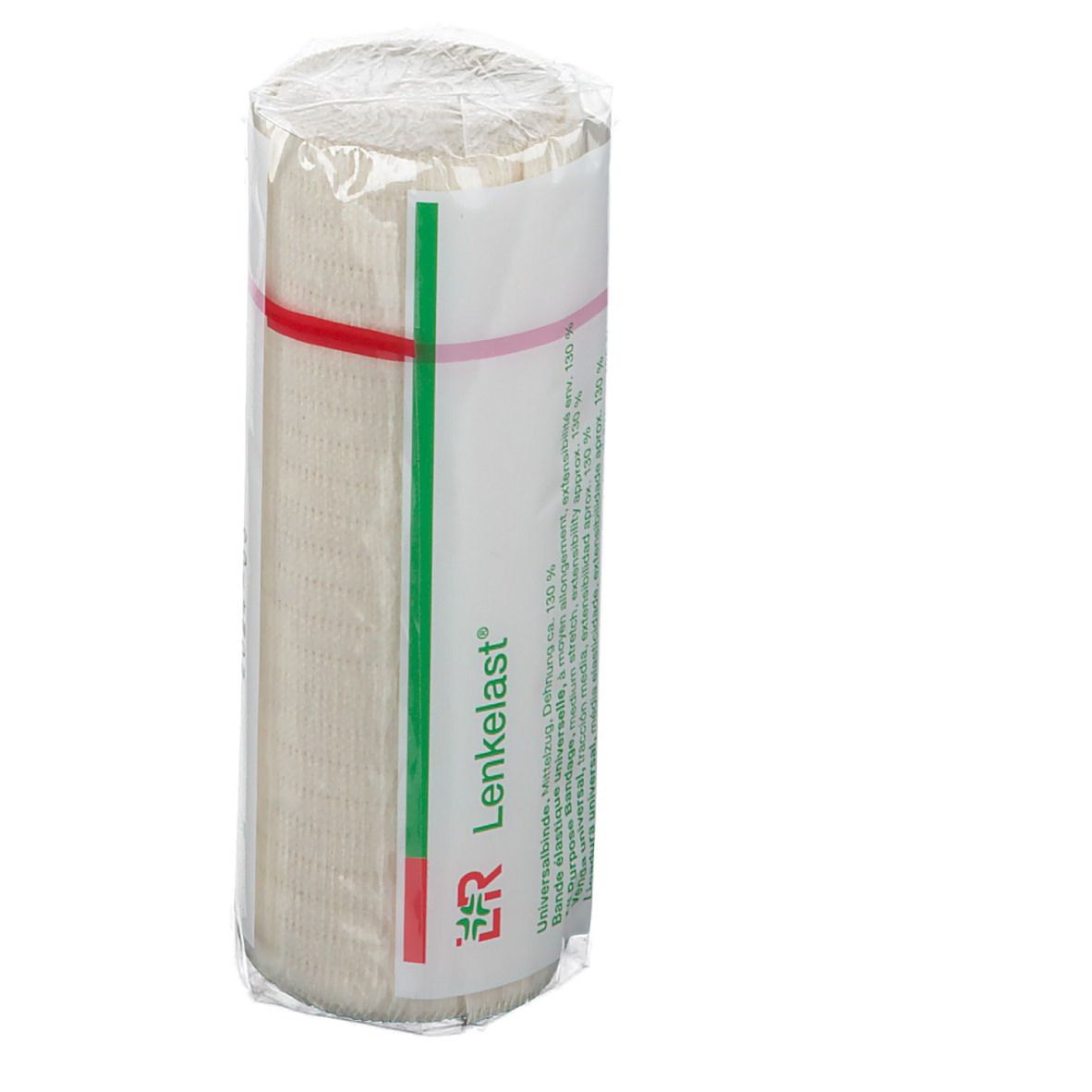 Bande élastique universelle, emballée. Avec bande verte et rouge et nom Lenkelast®. Inscriptions.