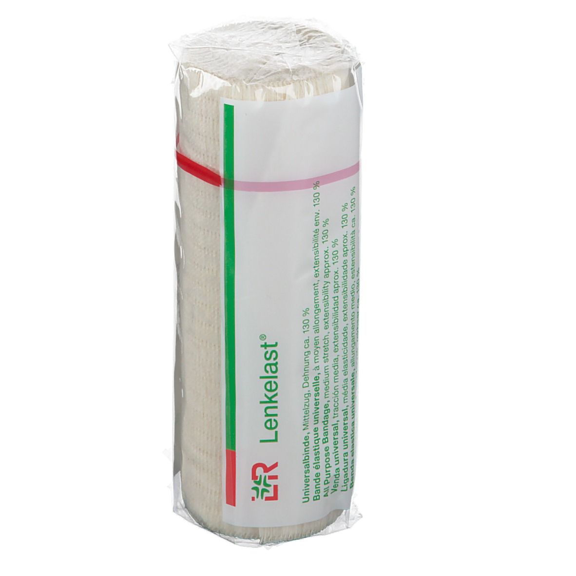 Bande élastique universelle, emballée. Avec bande verte et rouge et nom Lenkelast®. Inscriptions visibles.