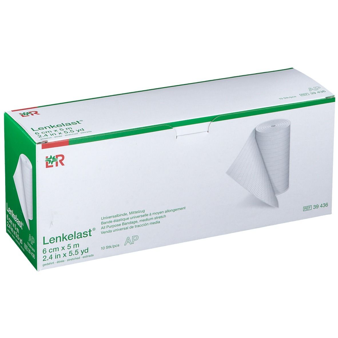 Emballage de Lenkelast® Universalbinde. 6 cm x 5 m. Bandage blanche partiellement déroulée. Boîte verte et blanche.