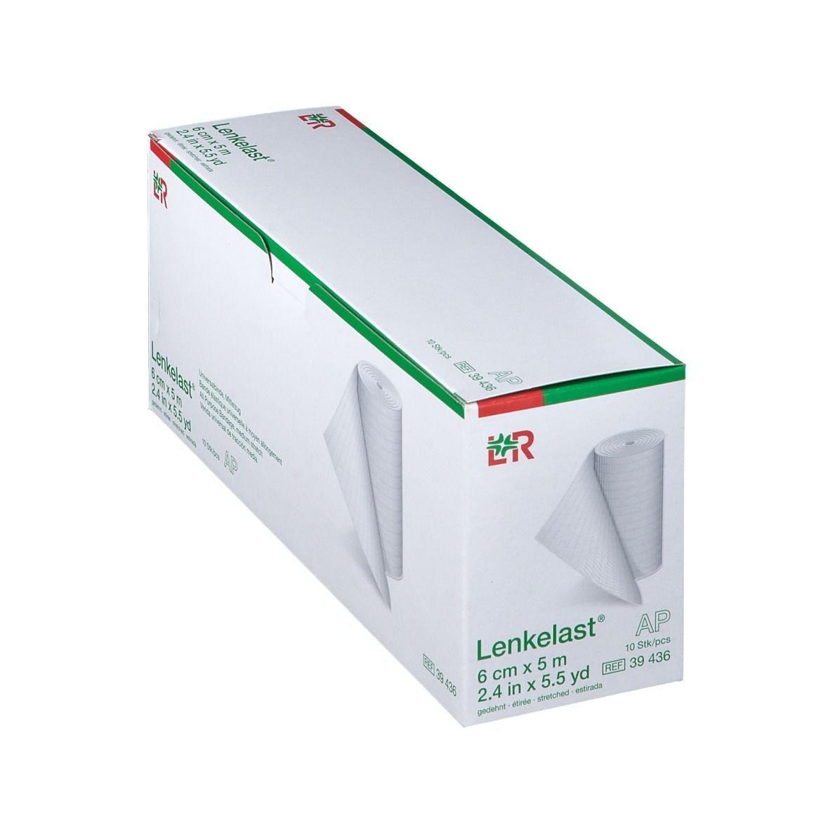 Emballage Lenkelast® Universalbinde. 6 cm x 5 m. Bandage blanche partiellement déroulée. Boîte verte et blanche.