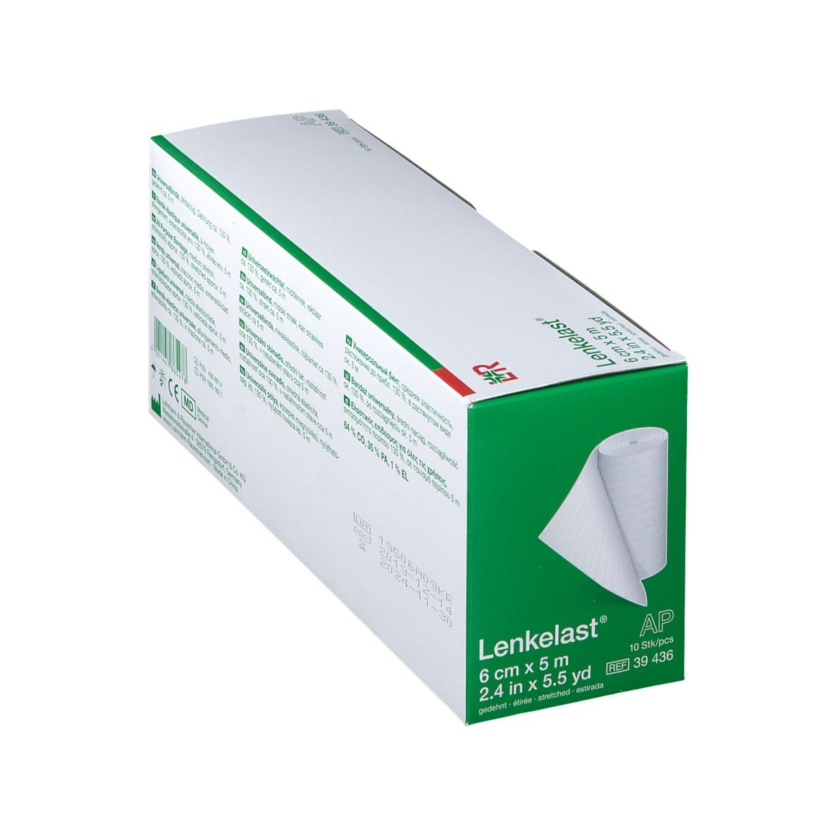 Emballage Lenkelast® Universalbinde. 6 cm x 5 m. Bandage blanche partiellement déroulée. Boîte verte et blanche.
