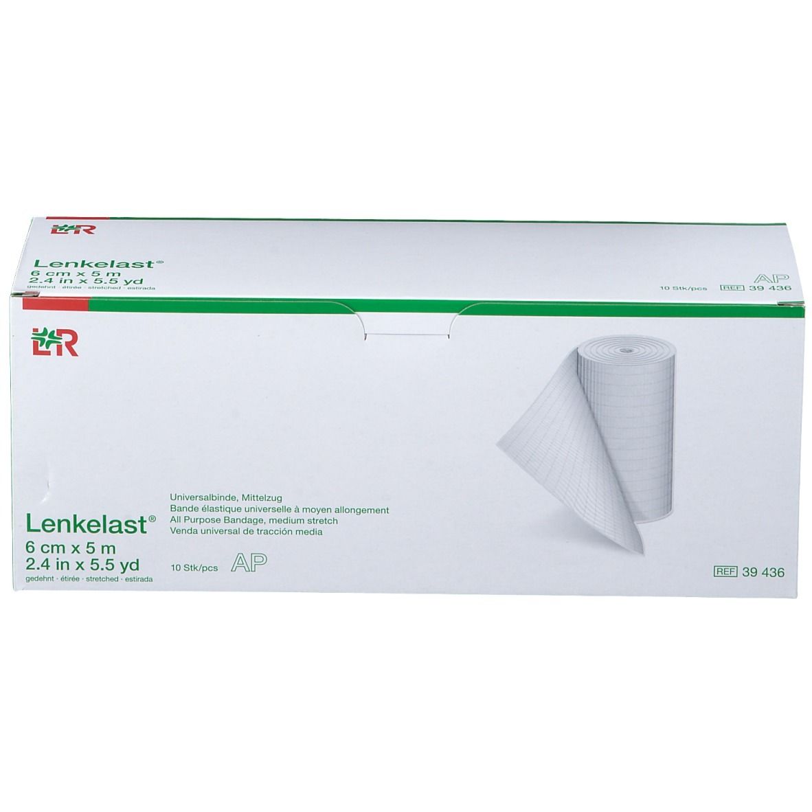 Emballage Lenkelast® Universalbinde. 6 cm x 5 m. Bandage blanche partiellement déroulée. Boîte verte et blanche.