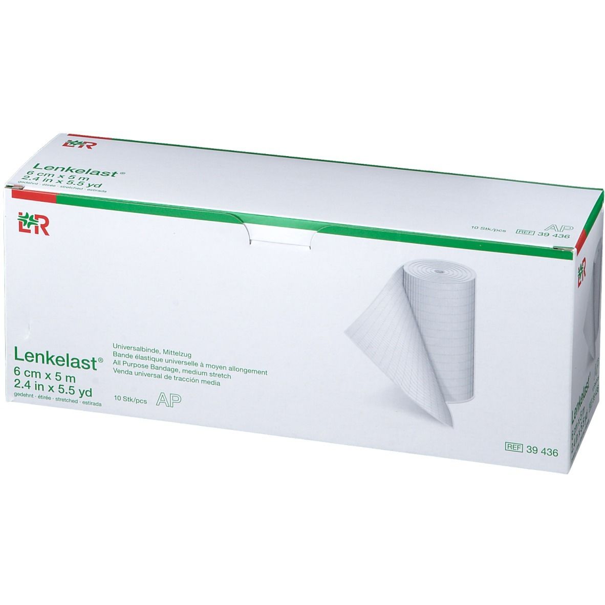 Emballage Lenkelast® Universalbinde. 6 cm x 5 m. Bandage blanche partiellement déroulée. Boîte verte et blanche.