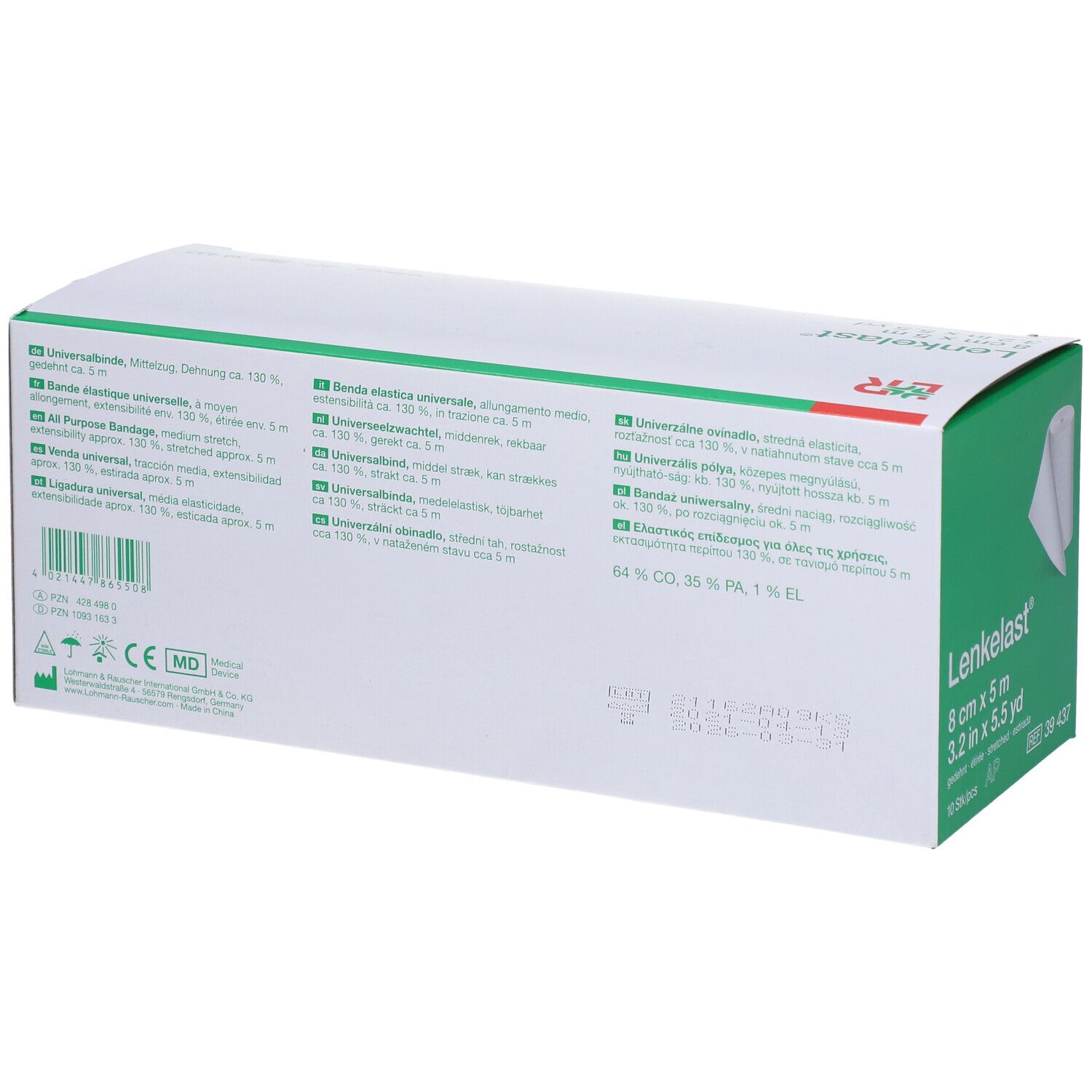 Dos de la boîte de Lenkelast® Universalbinde. Texte multilingue. Marquage CE.