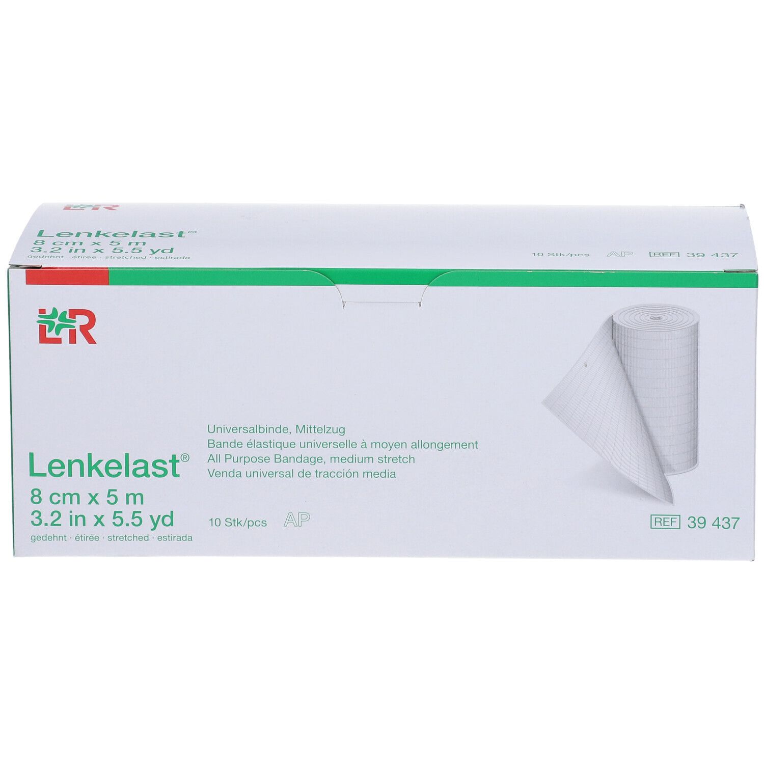 Boîte de Lenkelast® Universalbinde, 8 cm x 5 m. 10 pièces. Bandage blanc partiellement visible.