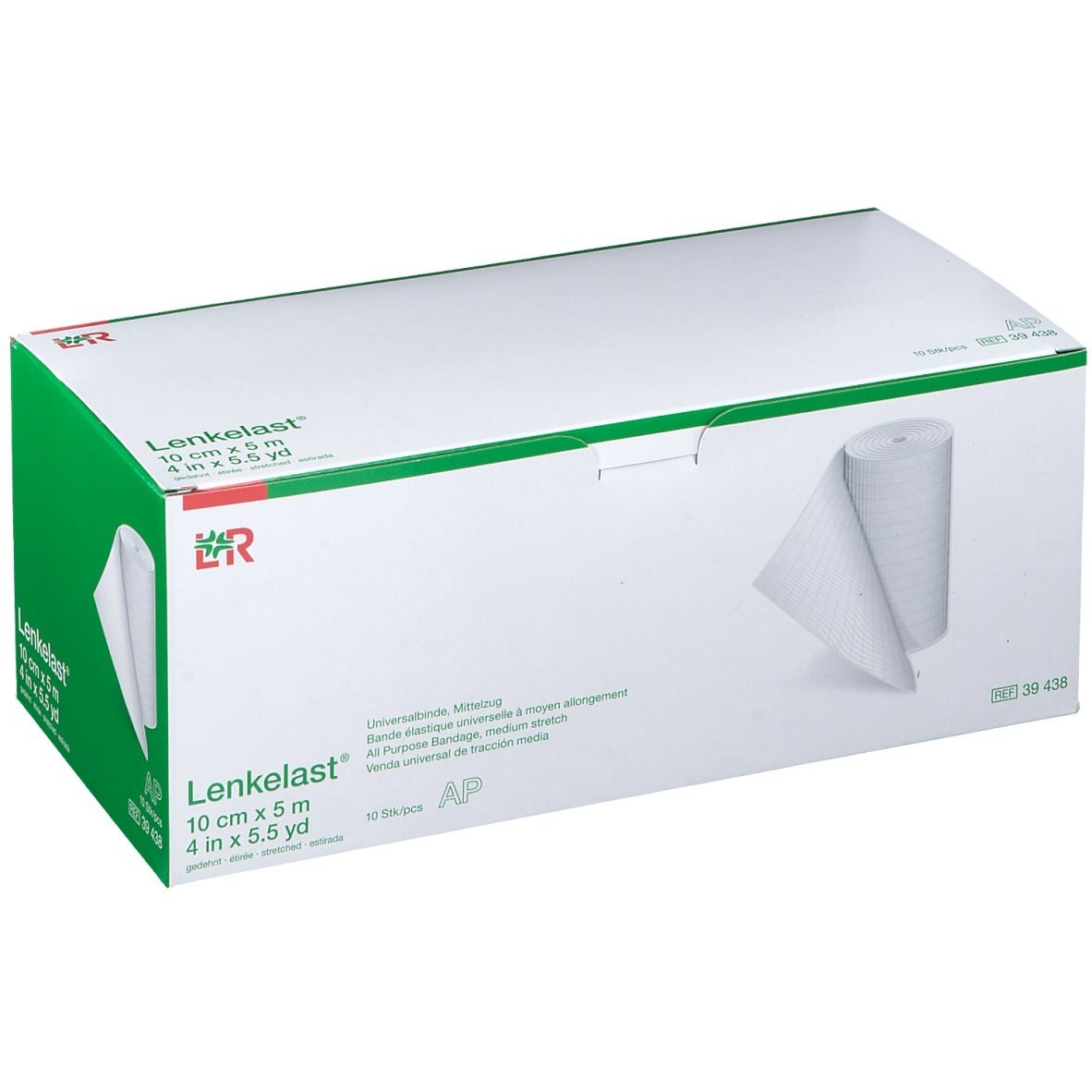 Emballage de bandage universel Lenkelast. Boîte blanche avec couvercle vert. Impression: 10 cm x 5 m. Rouleau de bandage visible.