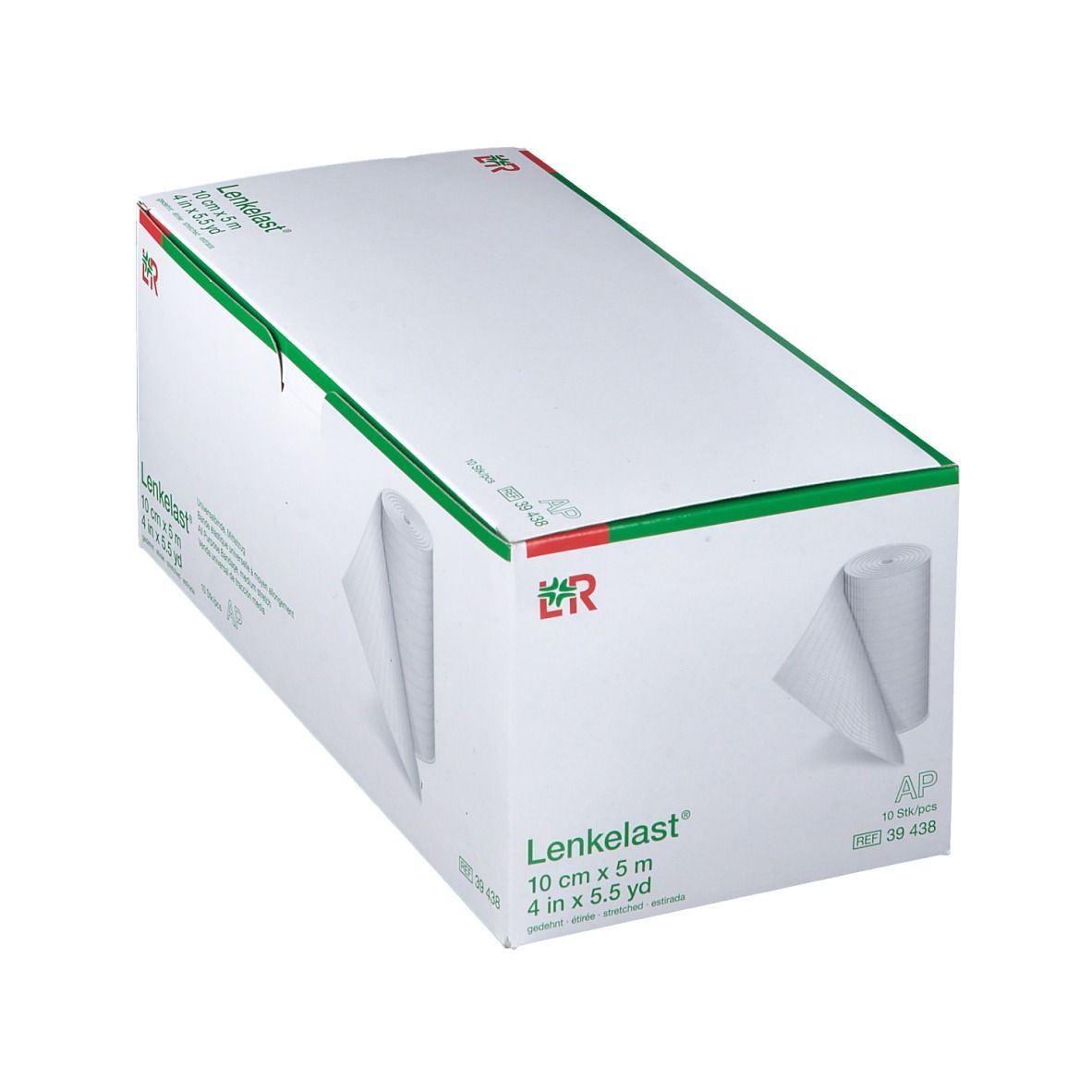 Emballage de bandage universel Lenkelast. Boîte blanche avec couvercle vert. Impression: 10 cm x 5 m. Rouleau de bandage visible.