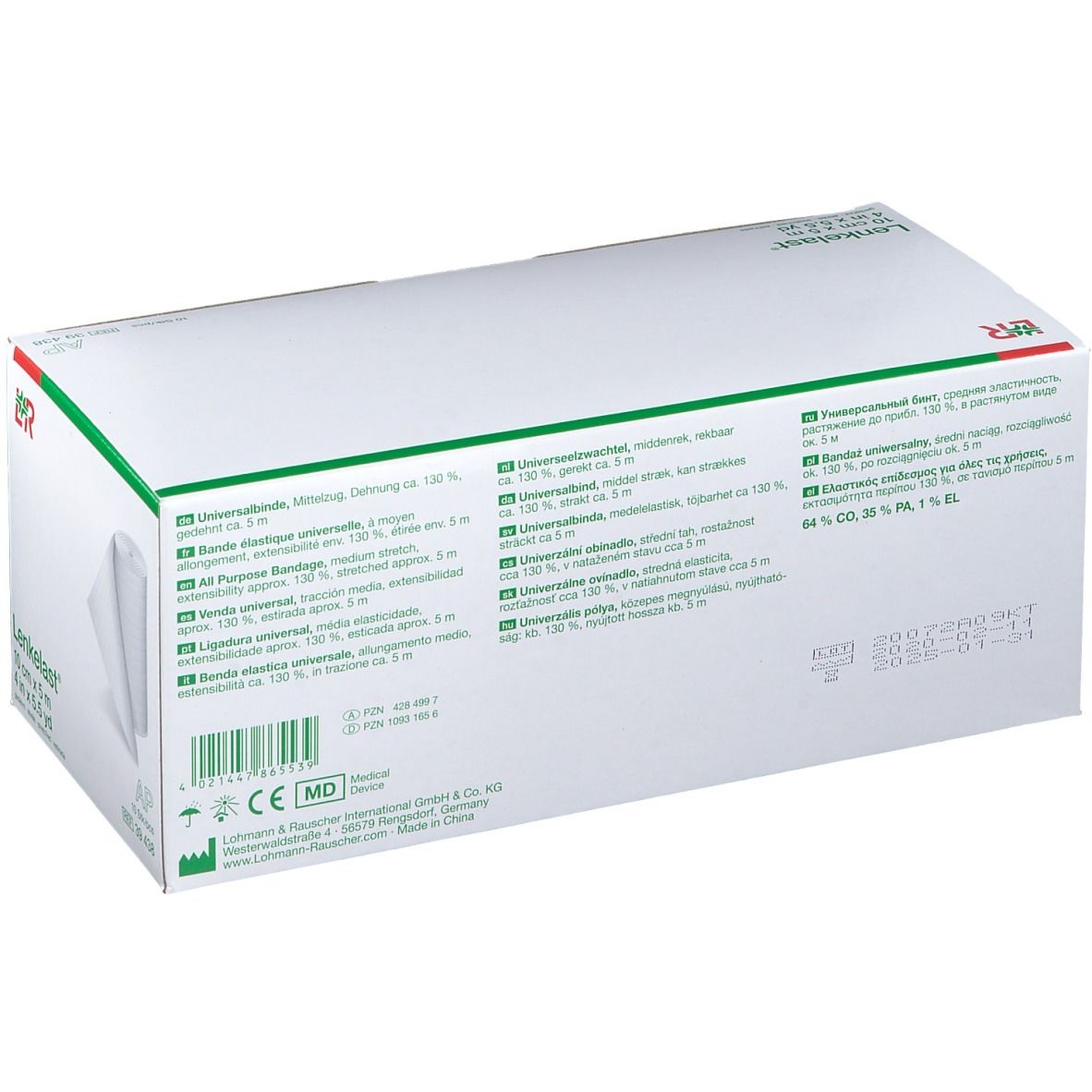 Dos de l'emballage du bandage universel Lenkelast. Texte multilingue. Code-barres et certifications.