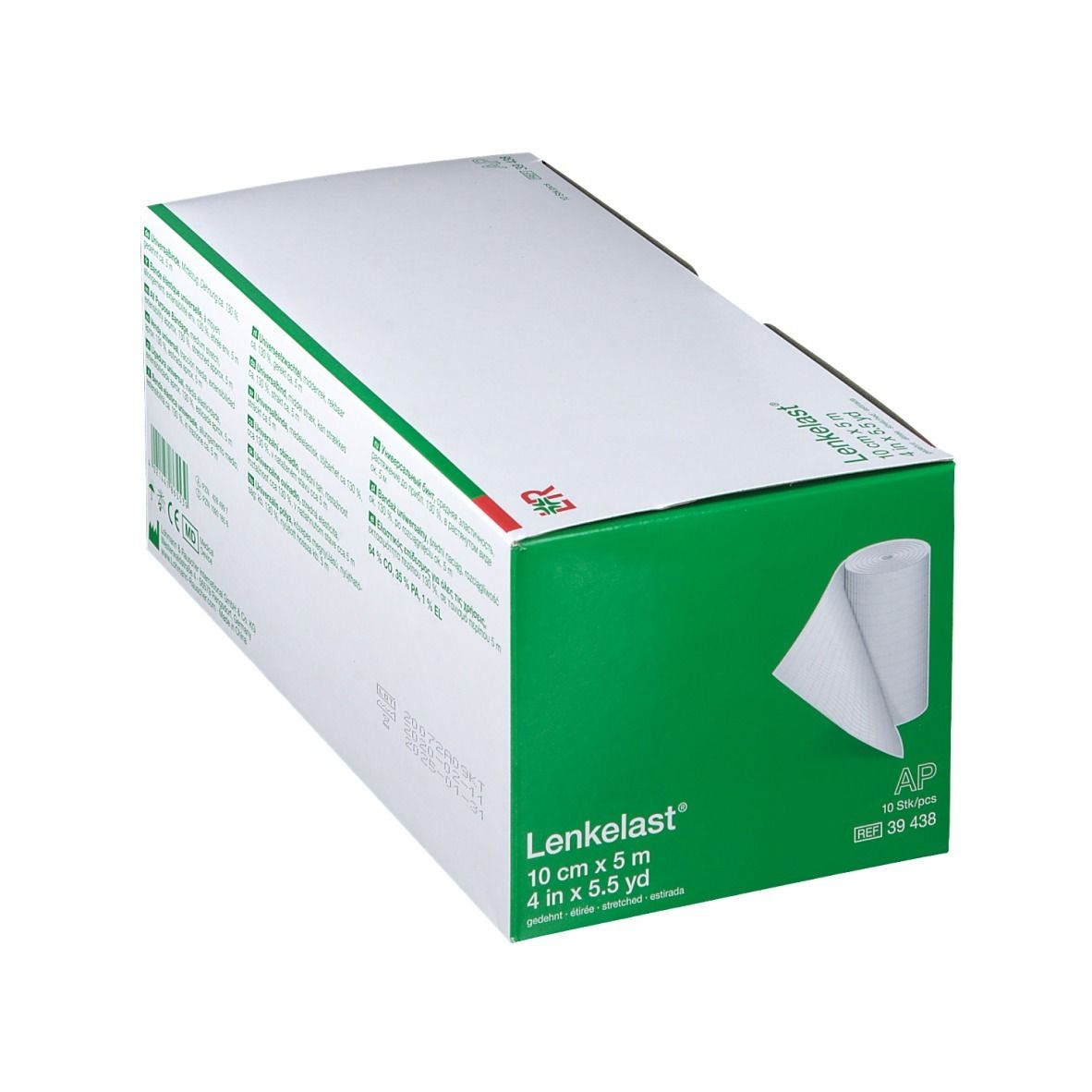 Emballage de bandage universel Lenkelast. Boîte blanche avec couvercle vert. Impression: 10 cm x 5 m. Rouleau de bandage visible.