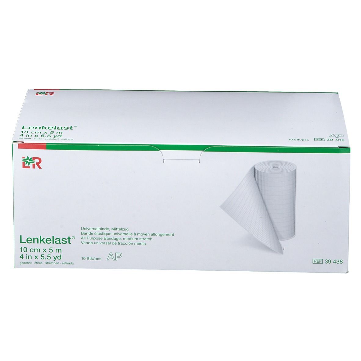 Emballage de bandage universel Lenkelast. Boîte blanche avec couvercle vert. Impression: 10 cm x 5 m. Rouleau de bandage visible.