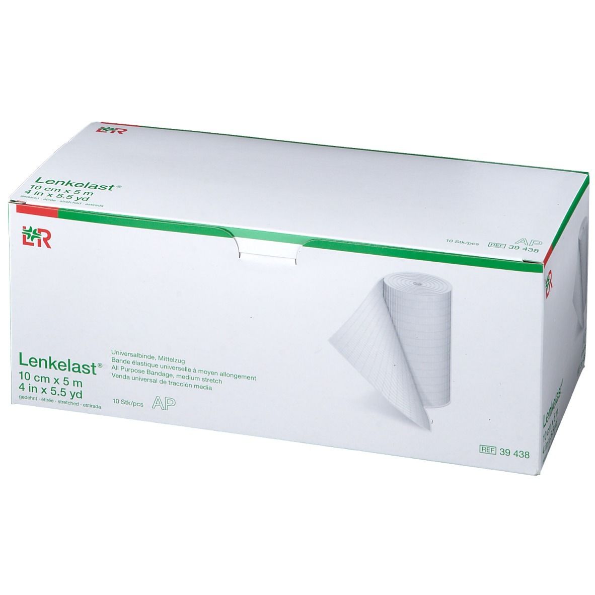 Emballage de bandage universel Lenkelast. Boîte blanche avec couvercle vert. Impression: 10 cm x 5 m. Rouleau de bandage visible.