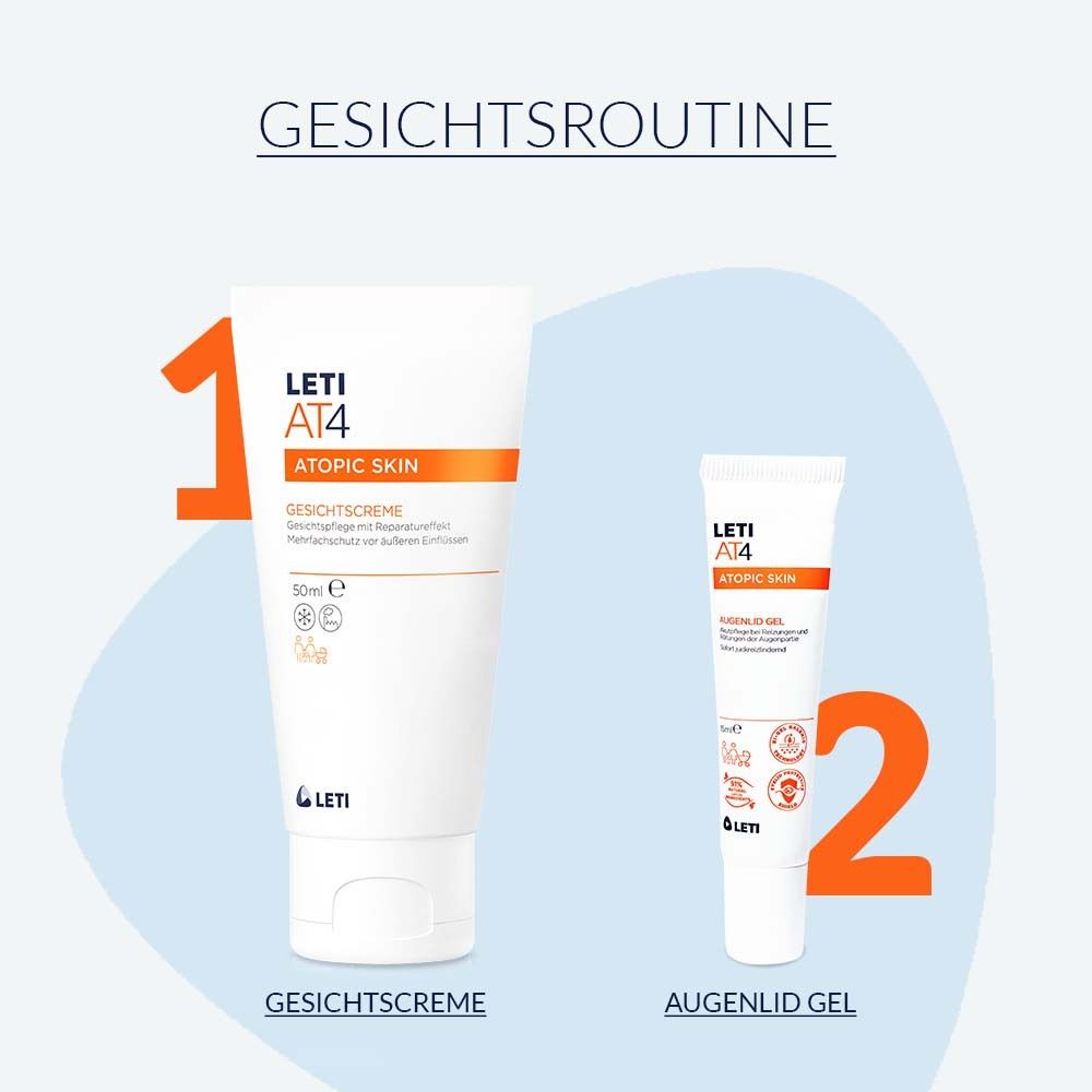 Deux produits côte à côte : LETI AT4 crème pour le visage et gel pour les paupières. Les deux en tubes blancs avec des accents orange.