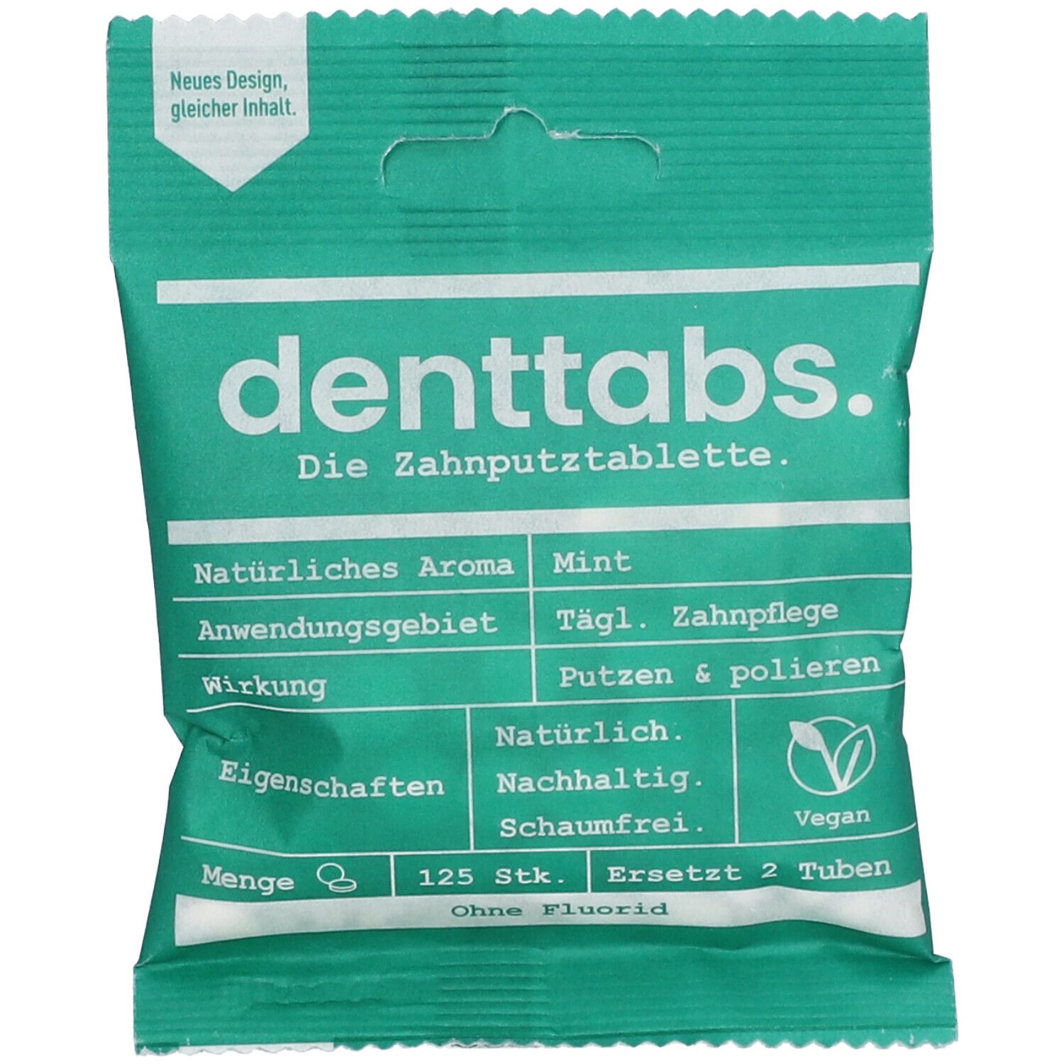 Emballage vert avec "denttabs." et informations produit. Contient 125 comprimés, végétalien, sans fluor.