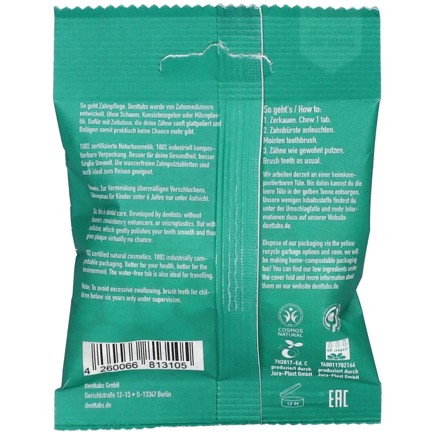 Dos de l'emballage vert "denttabs." avec texte et logos. Contient des informations sur l'utilisation et les ingrédients.