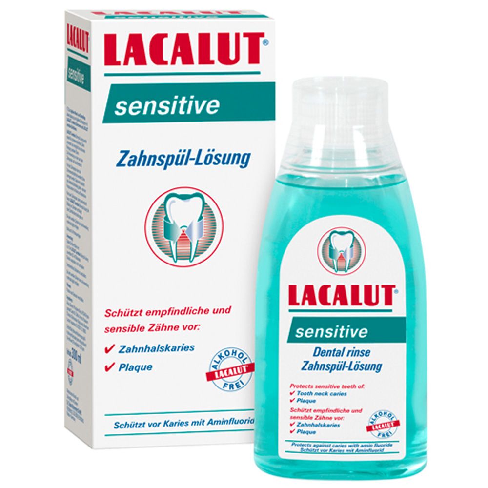 LACALUT sensitive, solution dentaire, flacon et emballage. Liquide bleu, bouchon blanc. Texte: sensitive, solution dentaire.