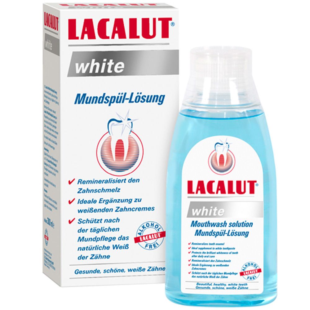 LACALUT white solution bain de bouche, flacon et emballage. Liquide bleu, bouchon blanc. Inscription : white, solution bain de bouche.