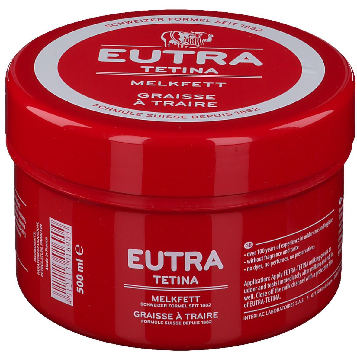 Pot rouge avec couvercle blanc. Inscription: EUTRA TETINA Melkfett, formule suisse. 500 ml.