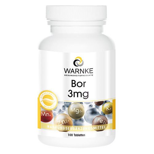 Flacon blanc avec étiquette jaune. Inscription: WARNKE Bor 3mg. Contient 100 comprimés. Label de qualité.