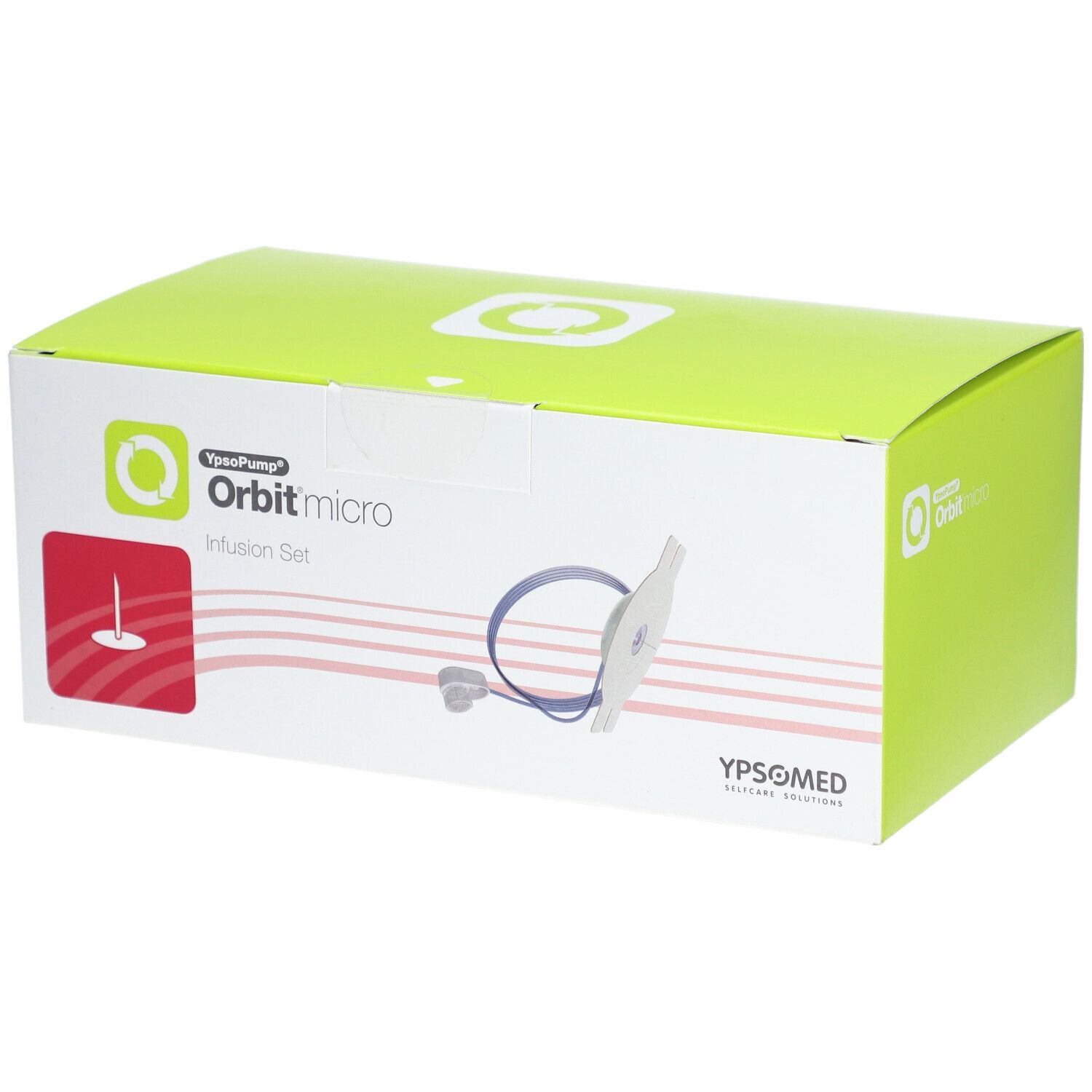Boîte d'infusion Orbit micro. Boîte verte et blanche avec image du produit et logo.