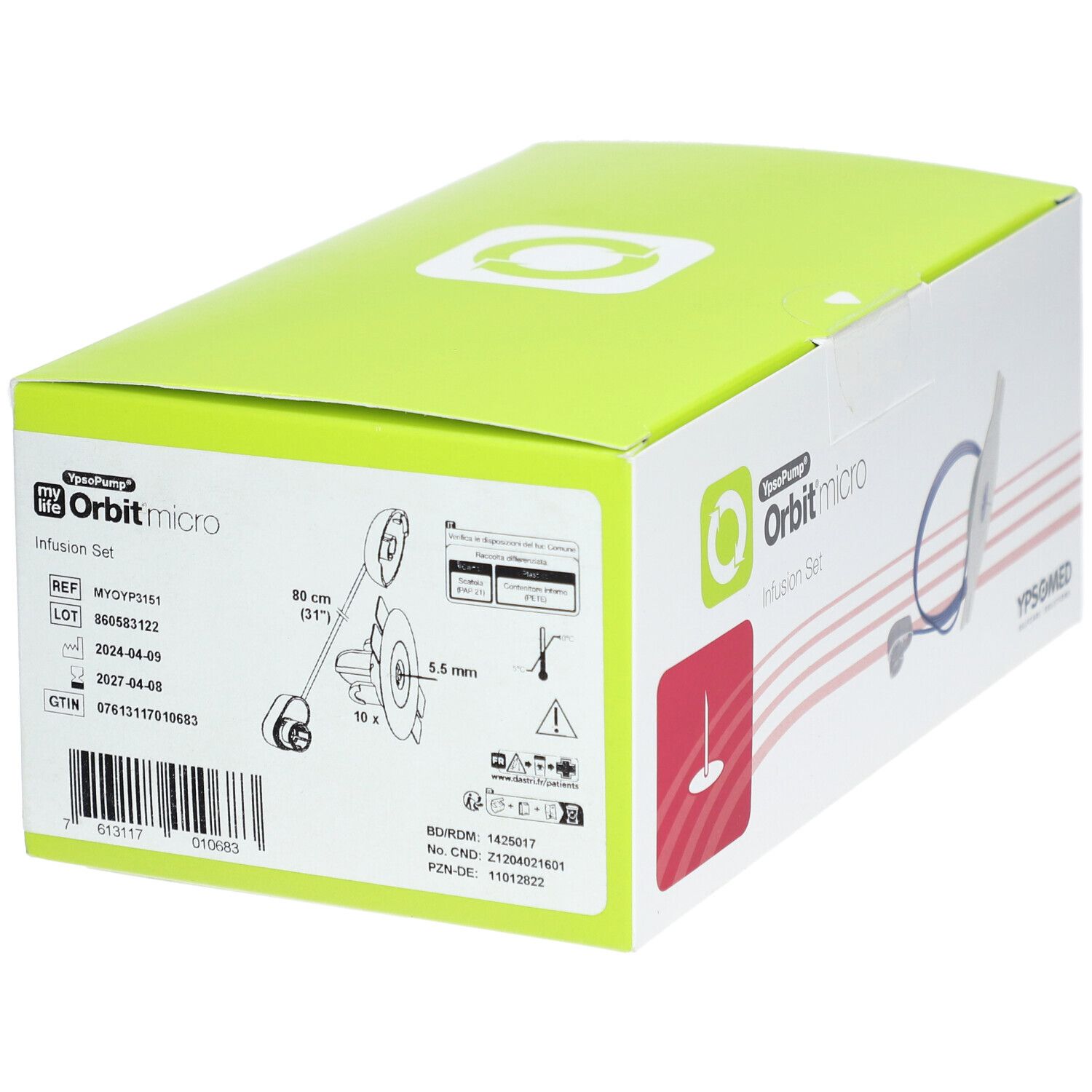 Boîte d'infusion Orbit micro. Boîte avec images, spécifications techniques et logo.