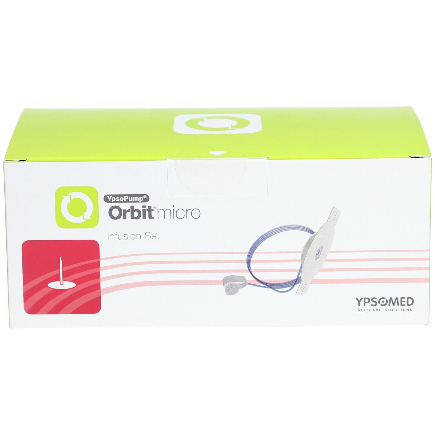 Boîte d'infusion Orbit micro. Boîte verte et blanche avec image du produit et logo.