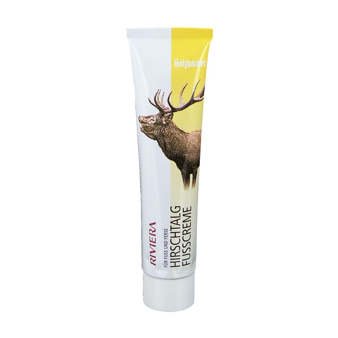 Tube de crème avec illustration de cerf. Texte: RIVIERA, Hirschtalg Fußcreme. Blanc-jaune. Bouchon à vis.