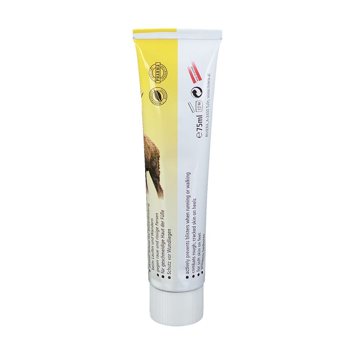 Dos du tube de crème. Texte: Hirschtalg Fußcreme. Ingrédients, e75ml. Logos. Blanc-jaune.